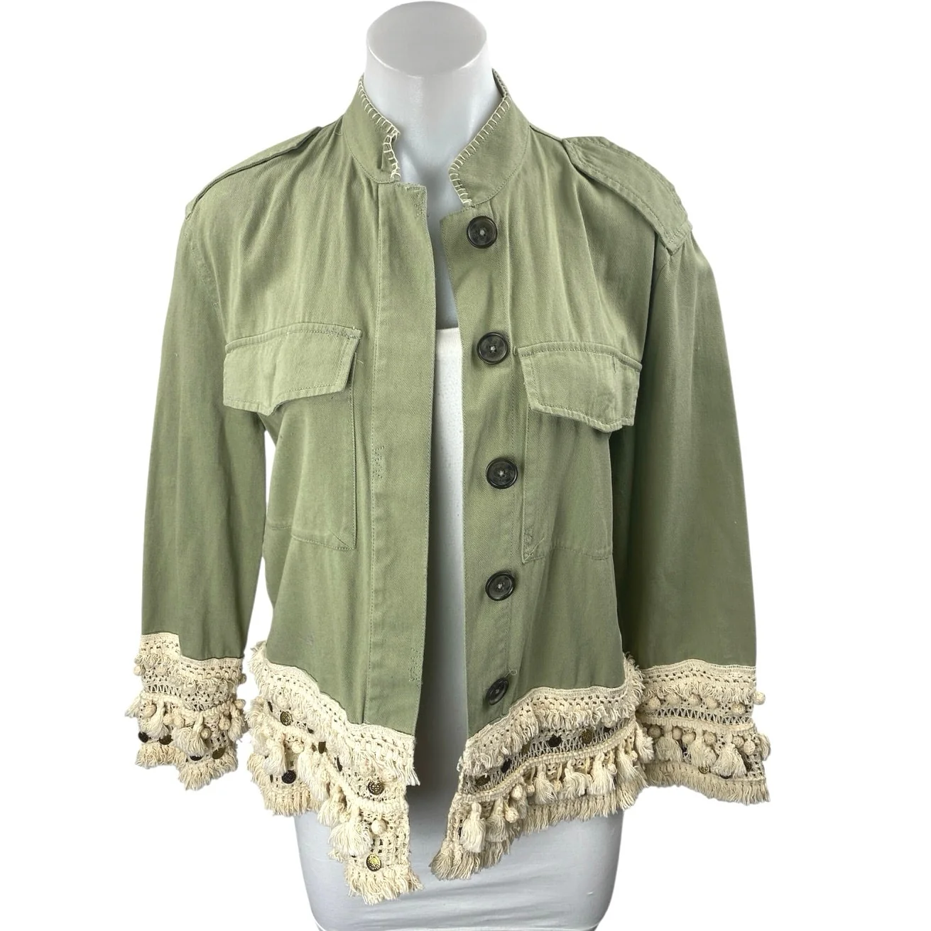 Zara Green Crochet Fringe Trim Button Front Pockets Long Sleeve Jacket Size XS