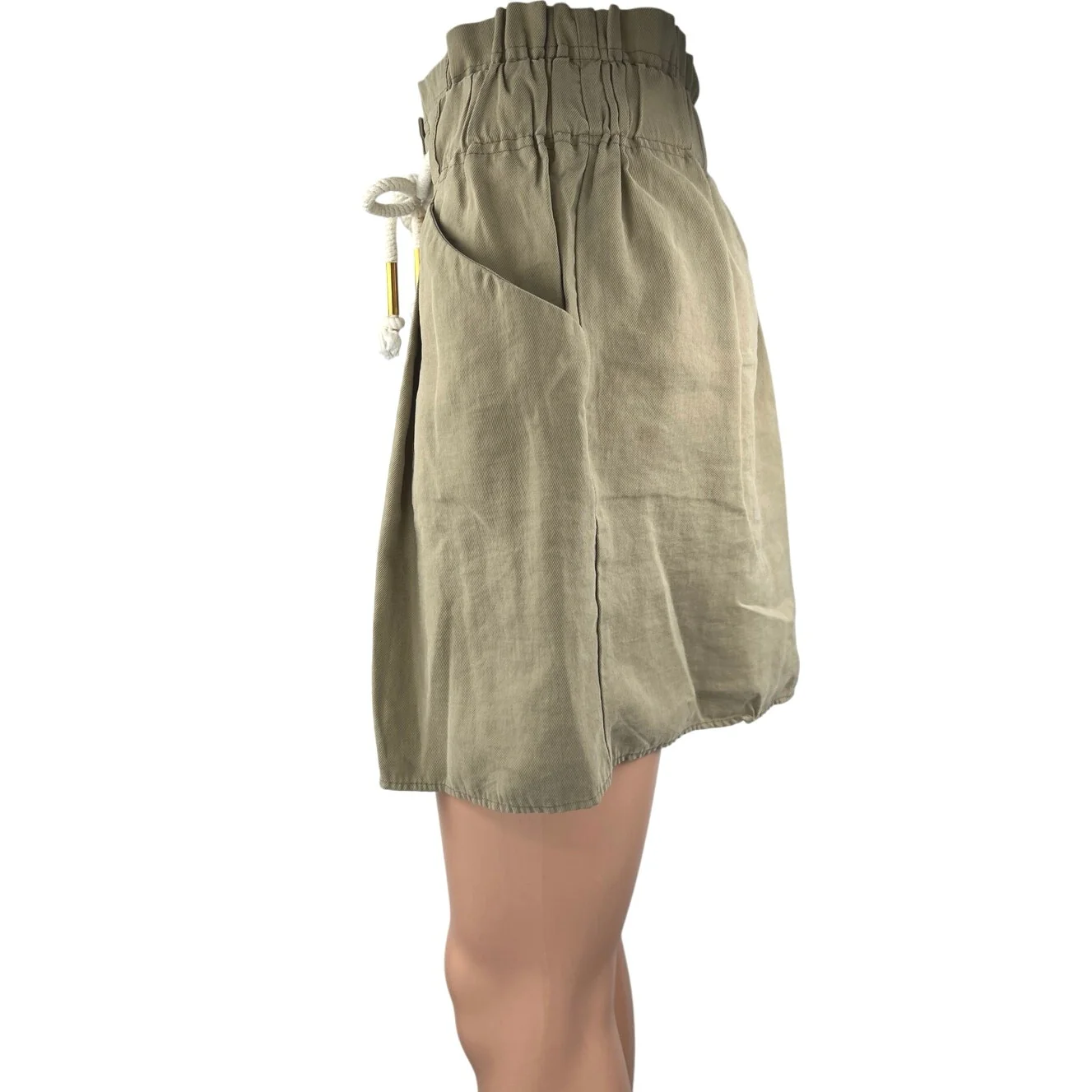 Zara Green Drawstring Button High Waist Pockets Mini Paperbag A-Line Skirt Sz M - Image 2
