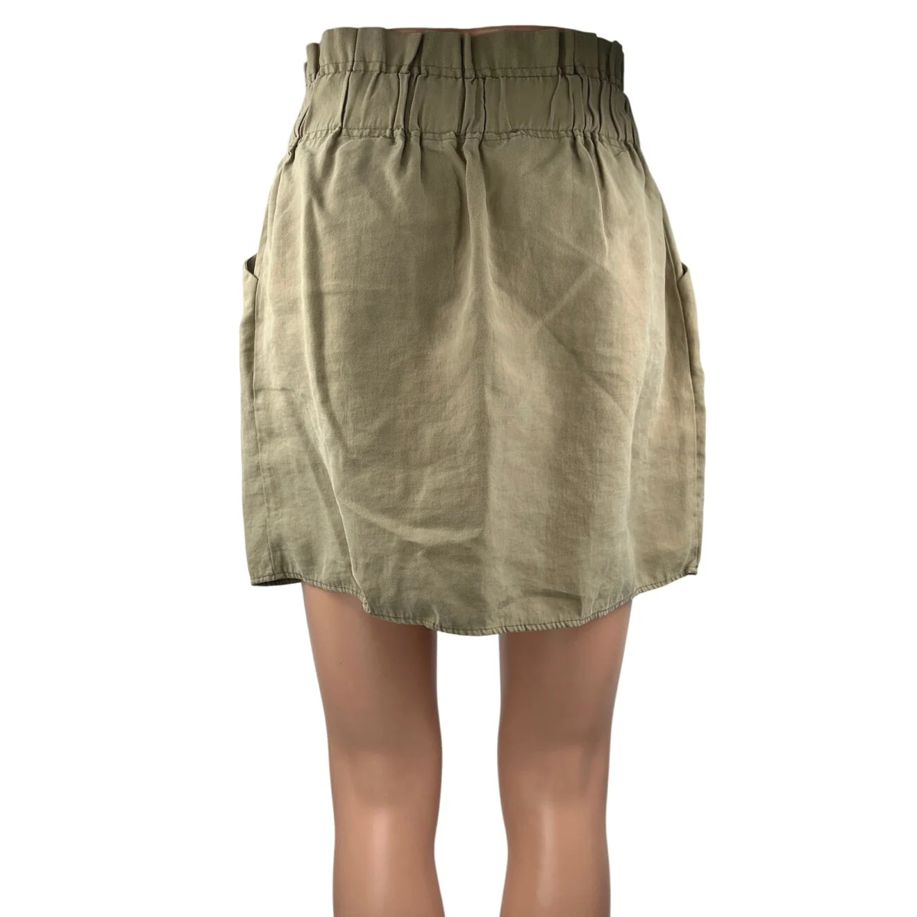 Zara Green Drawstring Button High Waist Pockets Mini Paperbag A-Line Skirt Sz M - Image 3