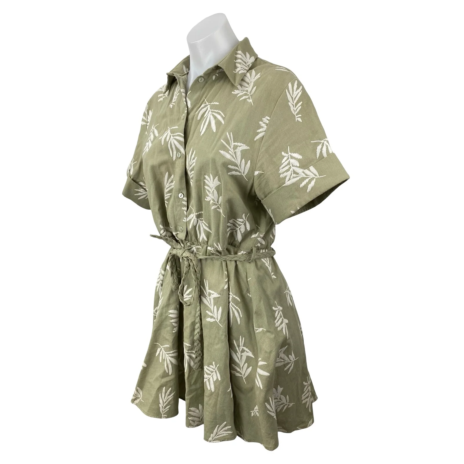 Zara Green Embroidered Leaf Linen Short Sleeve Belt A Line Mini Shirt Dress M - Image 2