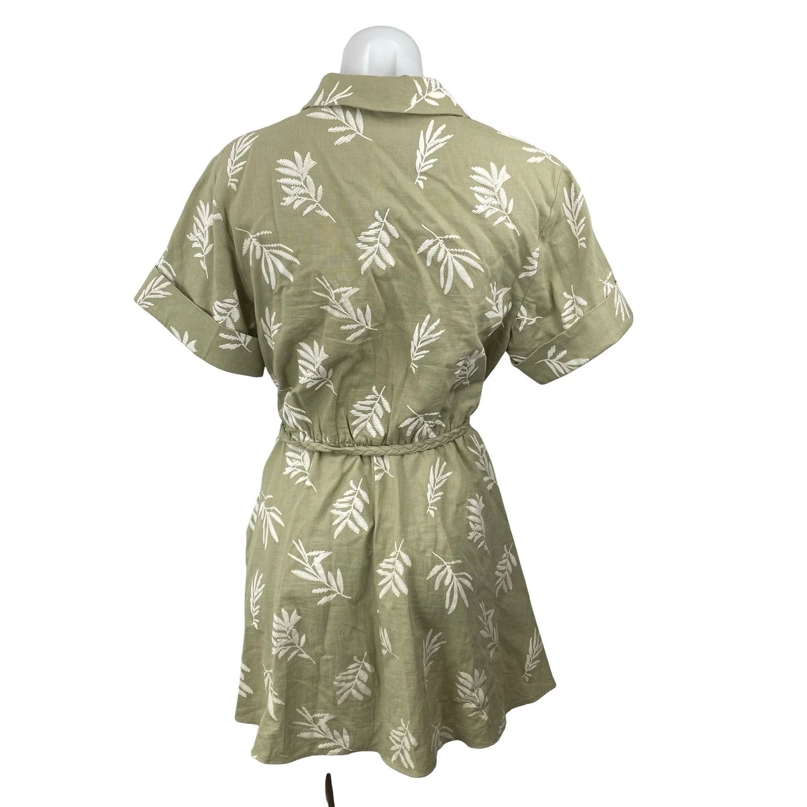 Zara Green Embroidered Leaf Linen Short Sleeve Belt A Line Mini Shirt Dress M - Image 4