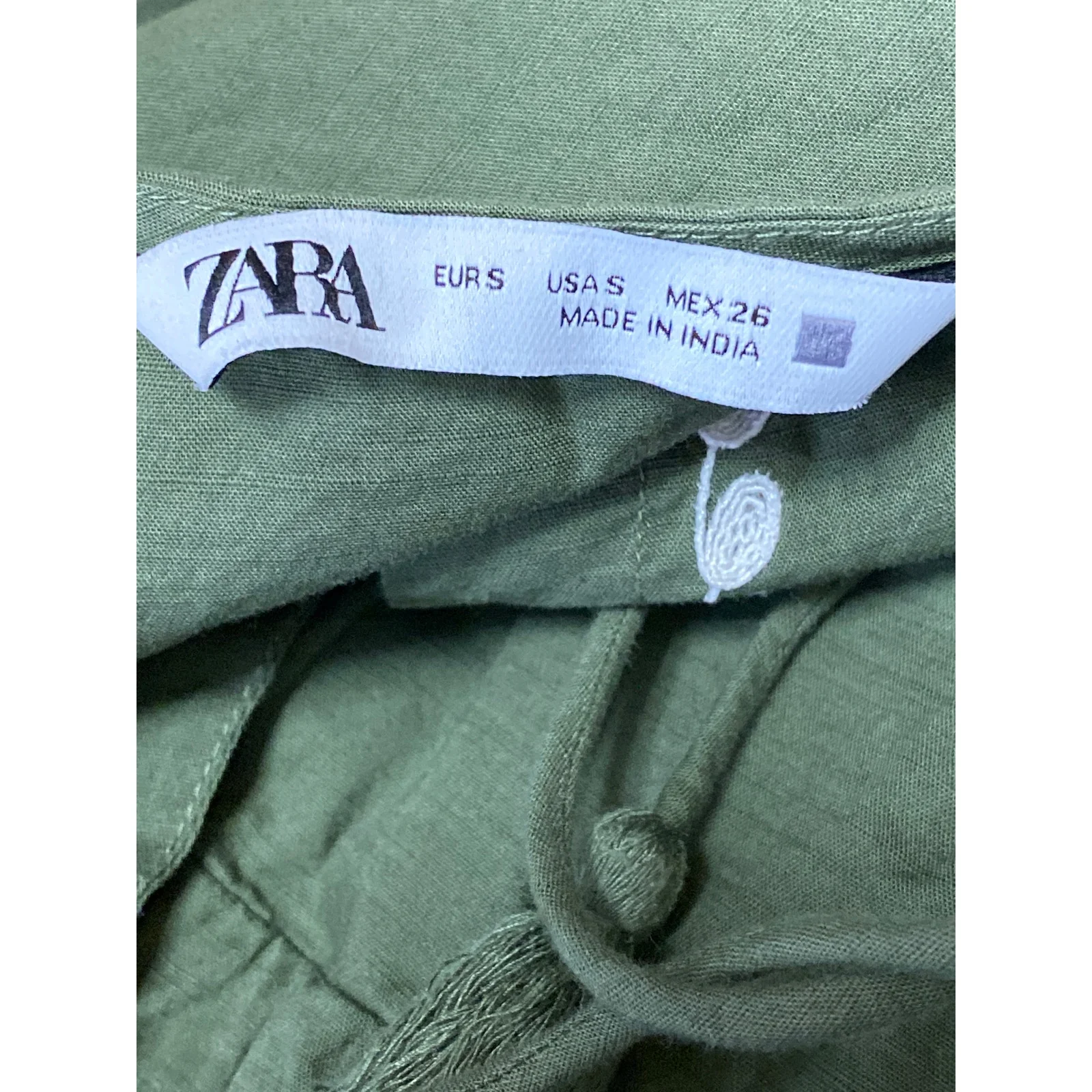 ZARA Green Embroidered Tiered 3/4 Sleeve V Neck Tassels Mini A-Line Dress Size S - Image 3