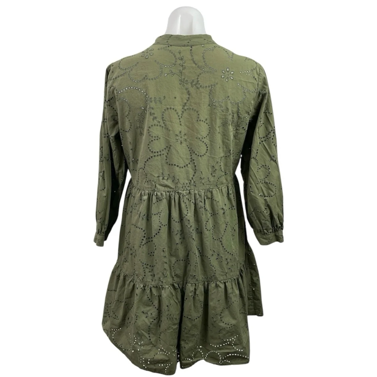 Zara Green Floral Eyelet Embroidered 3/4 Sleeve Tiered Mini Flare A-Line Dress S - Image 3