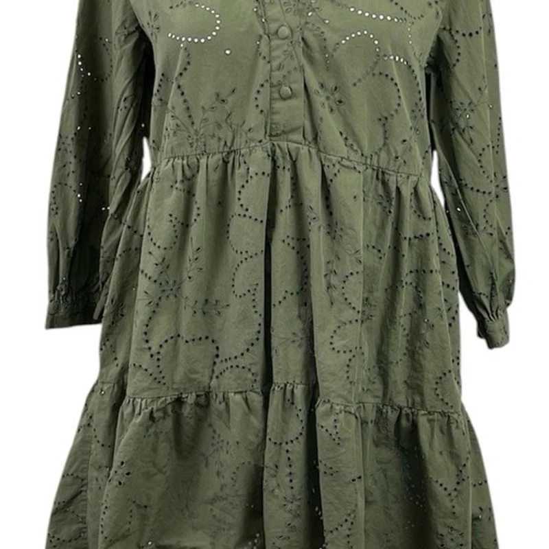 Zara Green Floral Eyelet Embroidered 3/4 Sleeve Tiered Mini Flare A-Line Dress S - Image 4