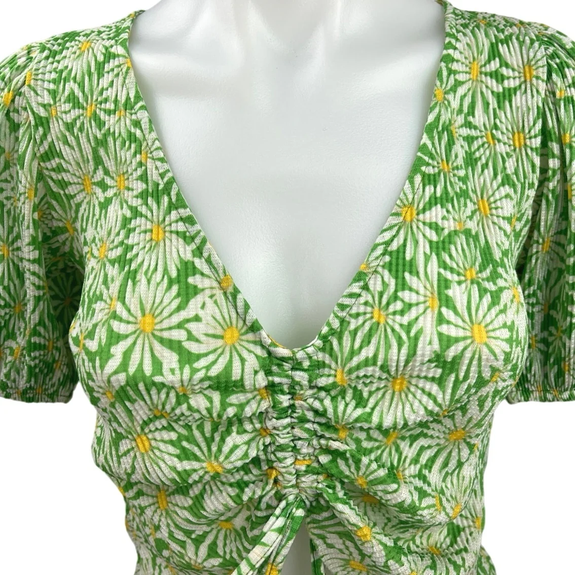 Zara Green Floral Puff Sleeve Deep V Tropical Ruched Tie Crop Blouse Top Size S - Image 3