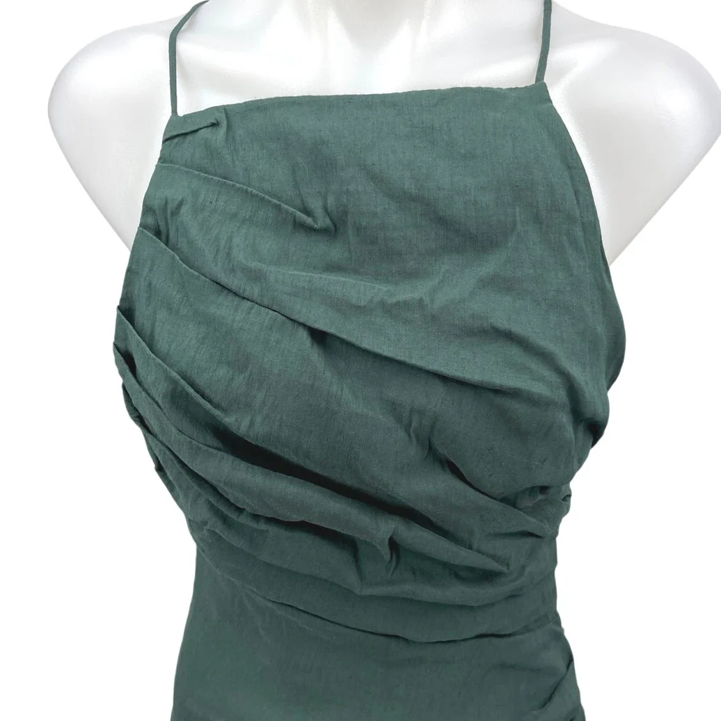 Zara Green Linen Sleeveless Ruched Cross Back Cami Camisole Mini Tank Dress M - Image 3