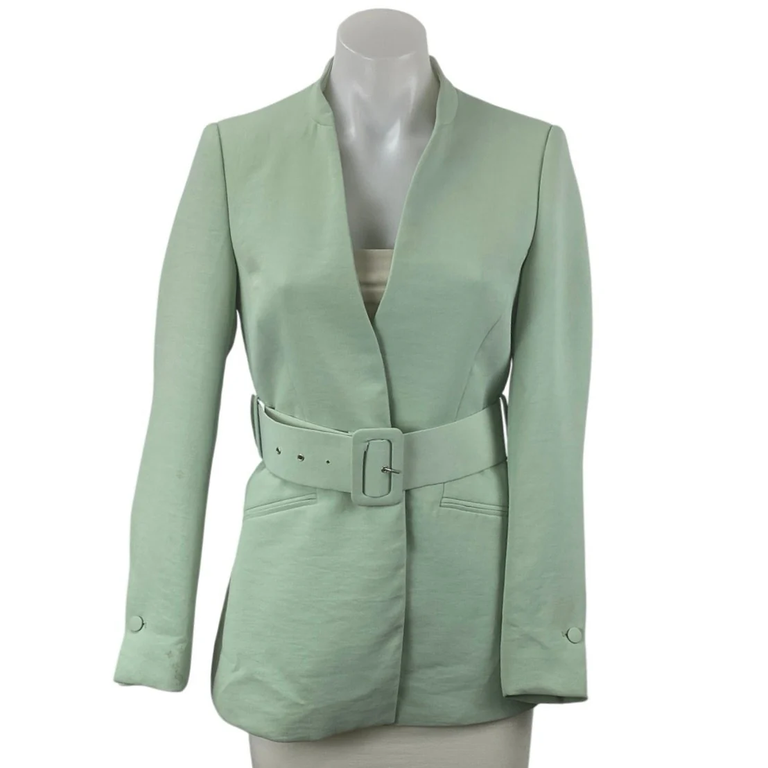 Zara Green Long Sleeve V Neck Belted Single Breasted Blazer Coat Jacket Top Sz S