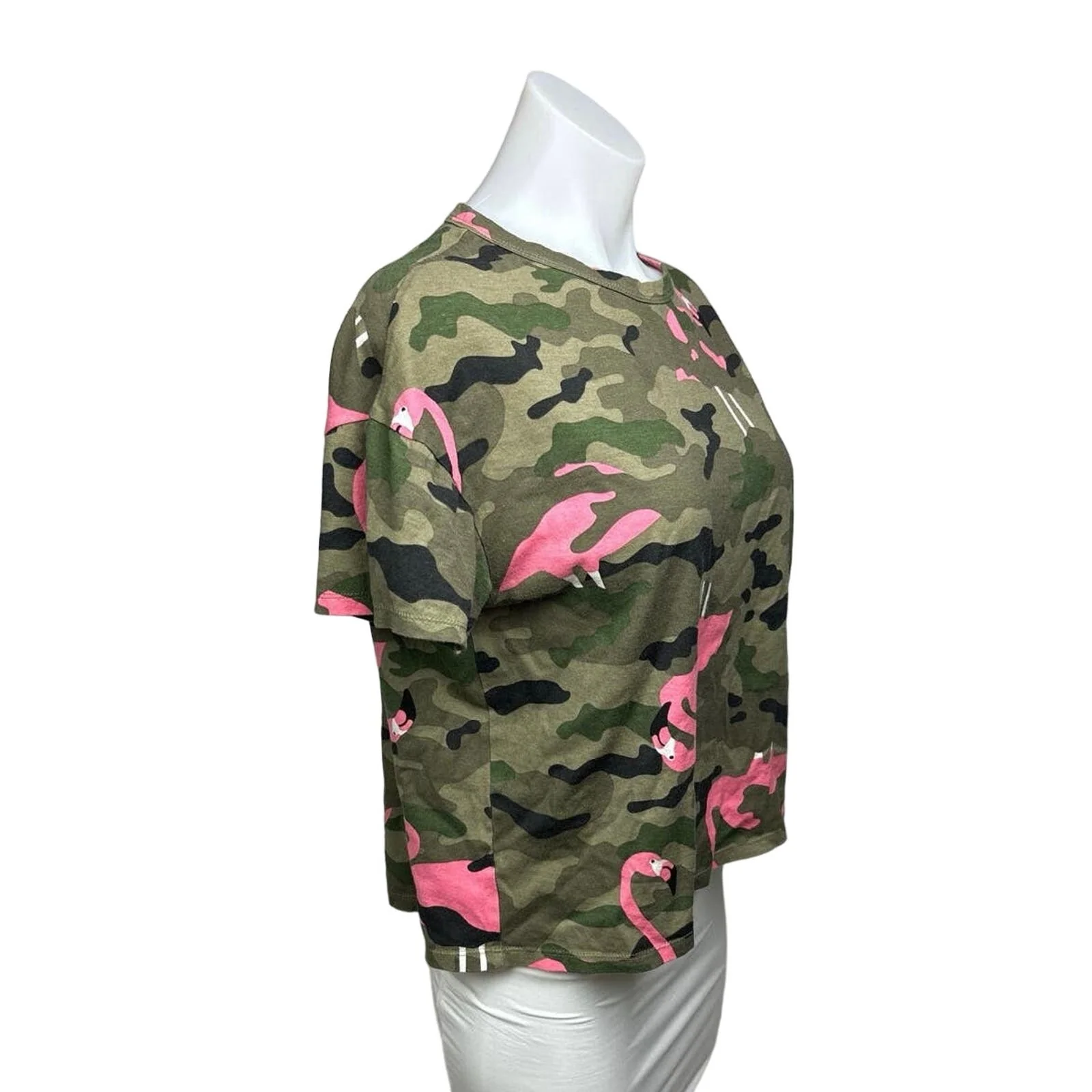 Zara Green Pink Cotton Camouflage Army Flamingo Short Sleeve T-Shirt Top Size S - Image 2