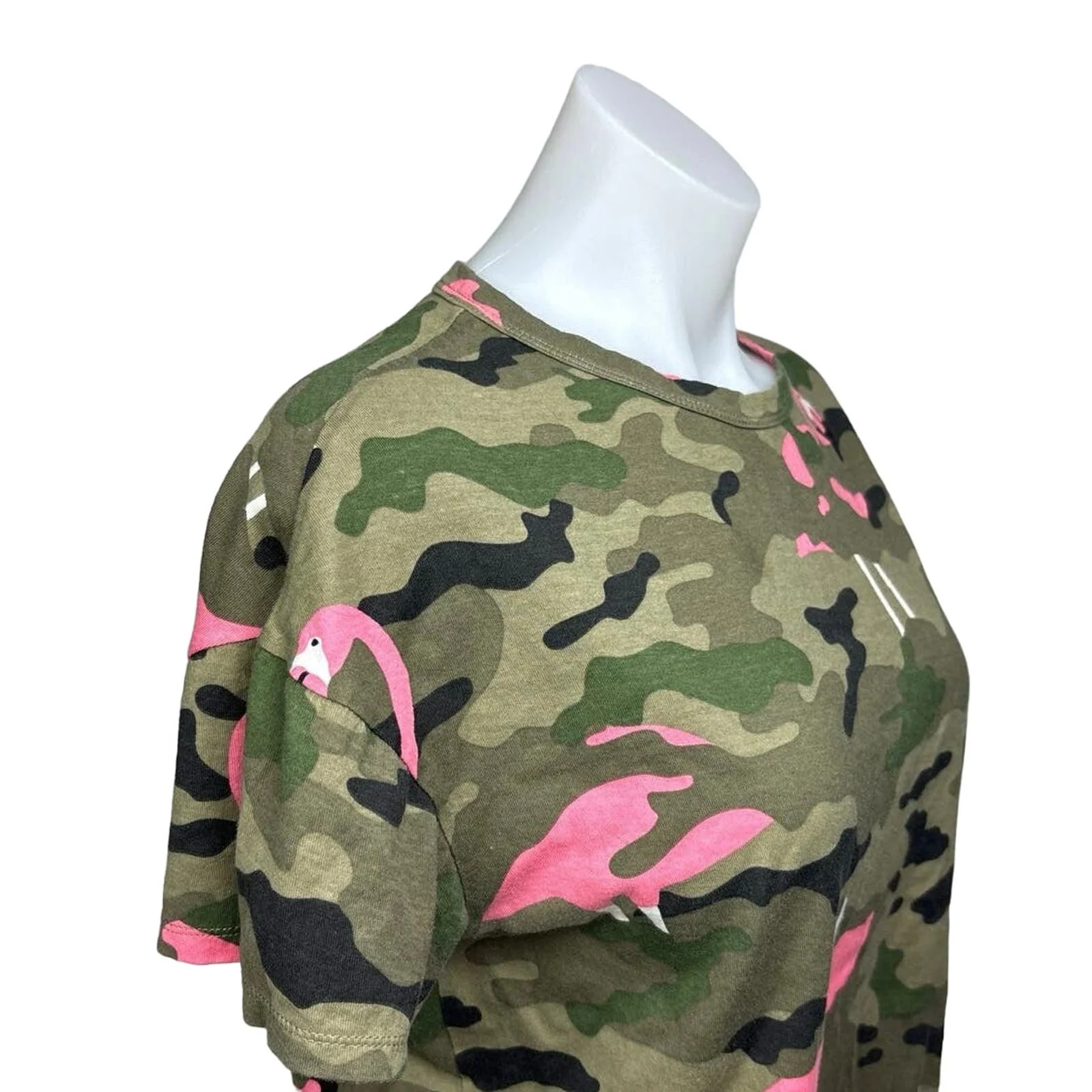 Zara Green Pink Cotton Camouflage Army Flamingo Short Sleeve T-Shirt Top Size S - Image 4