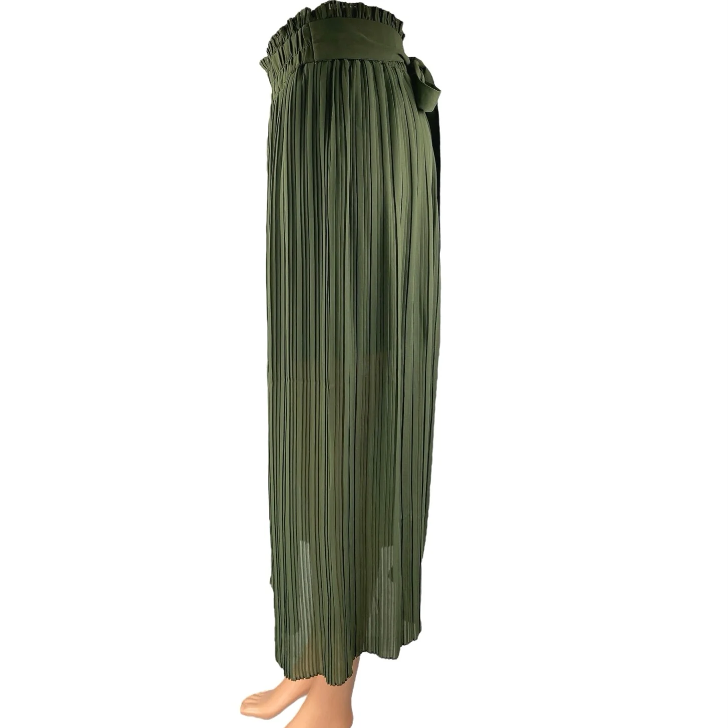 Zara Green Pleated Tie Waist Button Midi Straight A-line Paperbag Skirt Size XS - Image 2