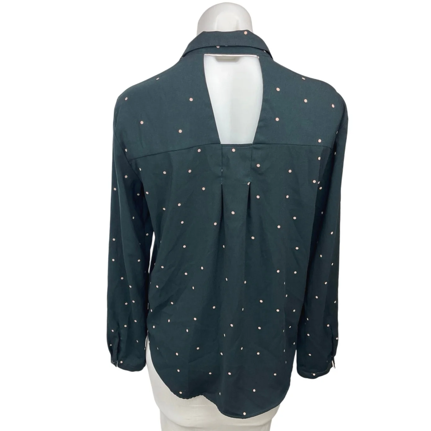 Zara Green Polka Button Down Collar Long Sleeve Cutout Back Shirt Blouse Top S - Image 2