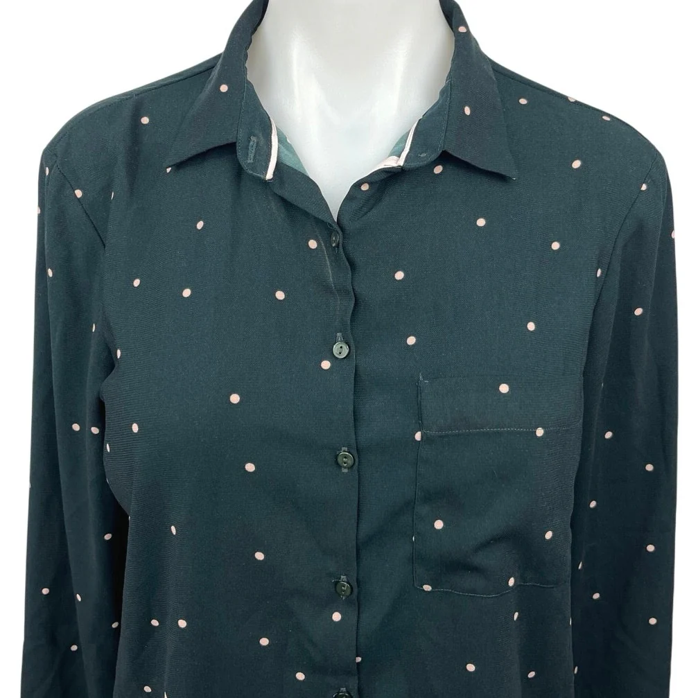 Zara Green Polka Button Down Collar Long Sleeve Cutout Back Shirt Blouse Top S - Image 3