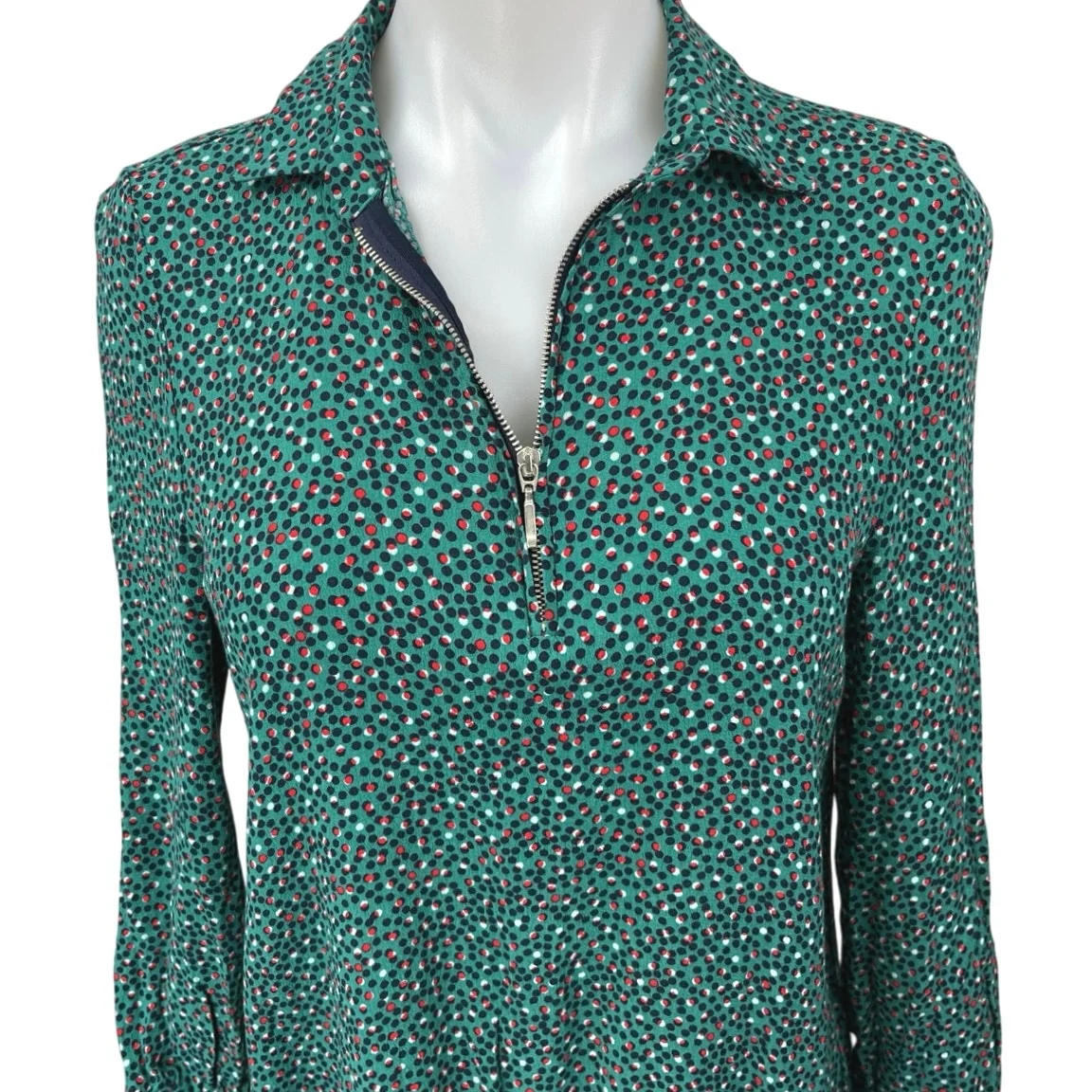 Zara Green Polka Dot Long Sleeve Collar Zipper Mini Tunic Shirt Shift Dress Sz M - Image 3
