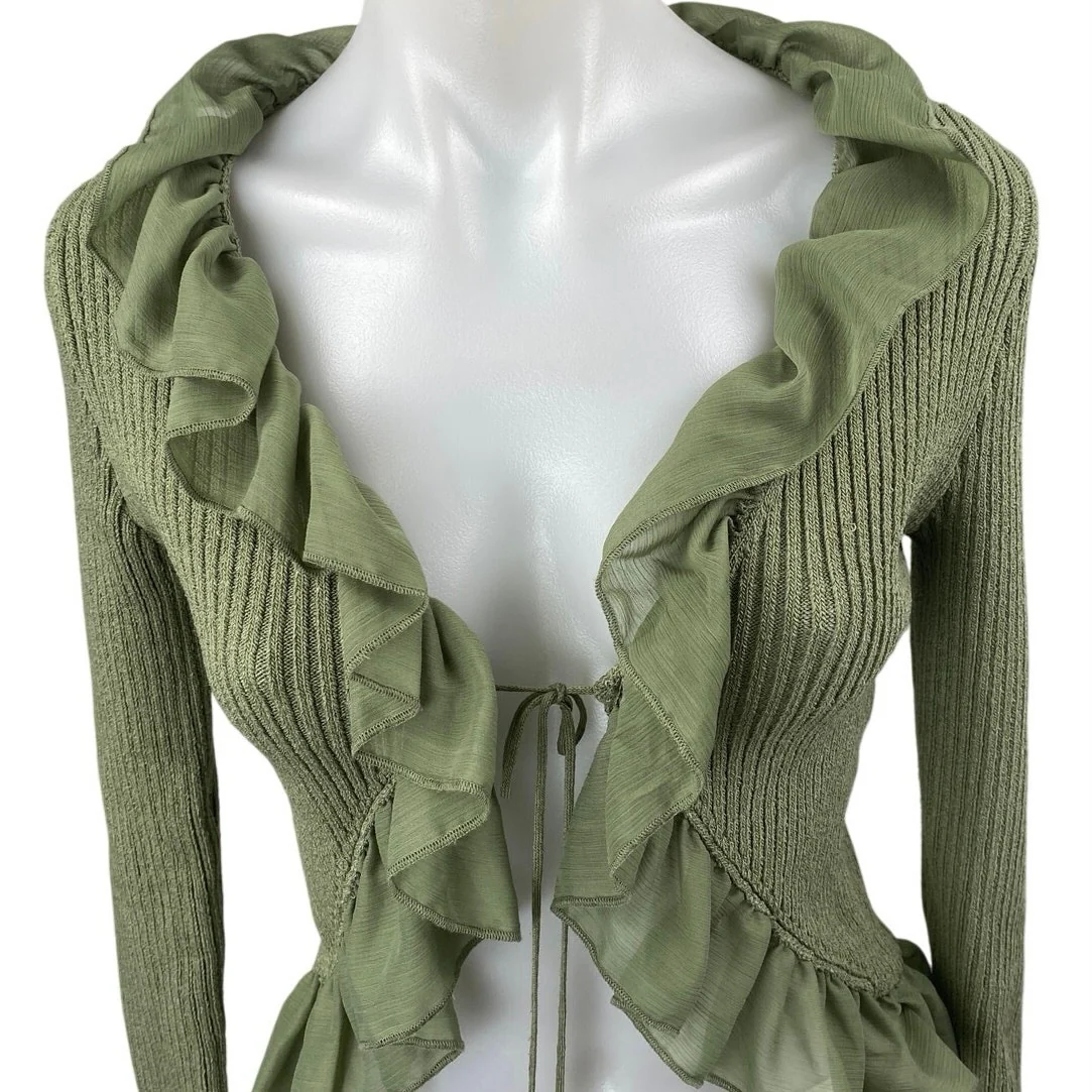 Zara Green Ruffle Flounce Long Sleeve Ribbed Knit Tie Cardigan Crop Top Size S - Image 4