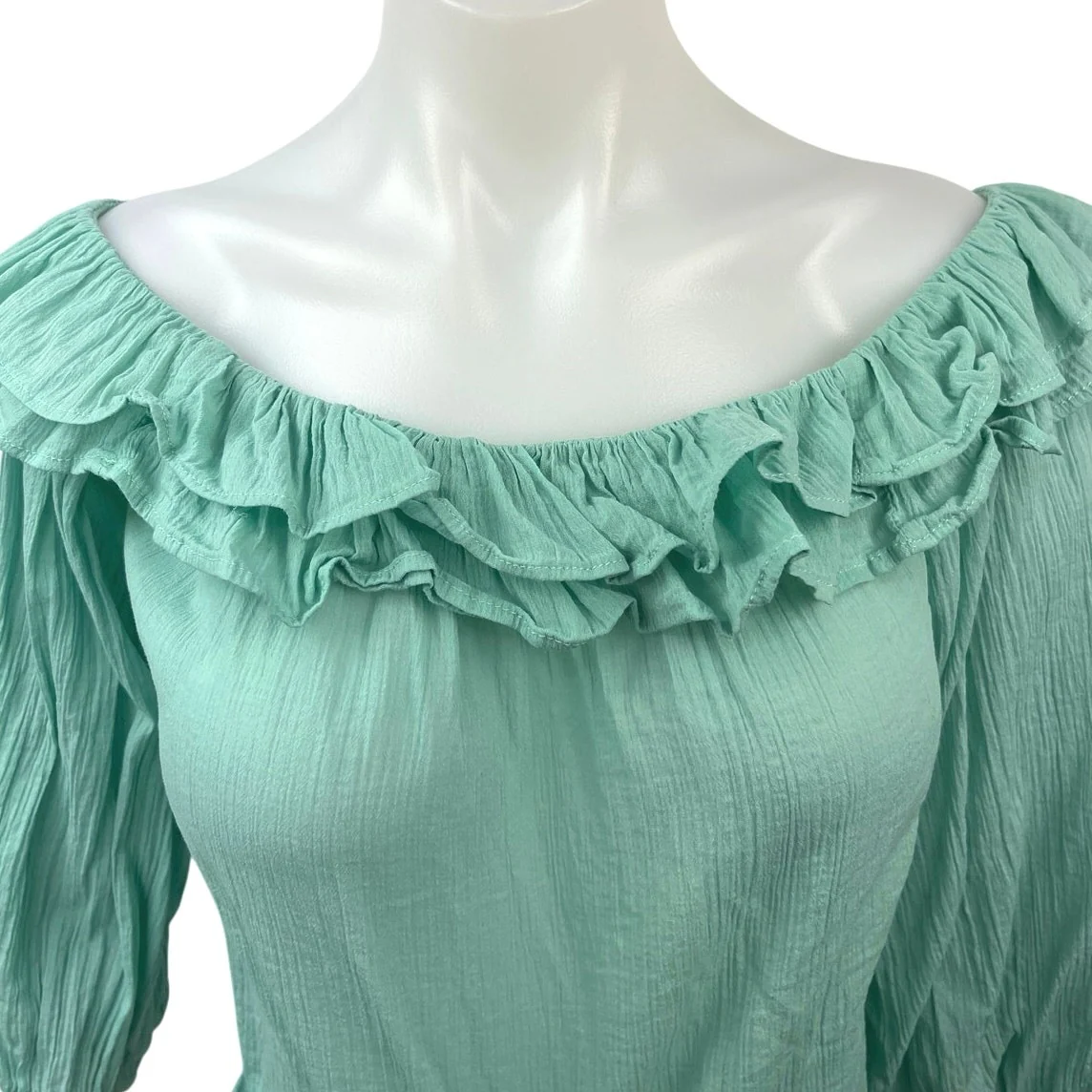Zara Green Ruffle Tiered Off The Shoulder 3/4 Sleeve Crop Blouse Top Size S - Image 3