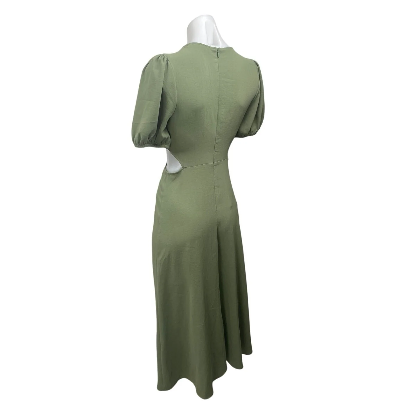 Zara Green Short Puff Sleeve Cutout Waist Crew Neck Maxi A Line Dress Size XS - Image 2