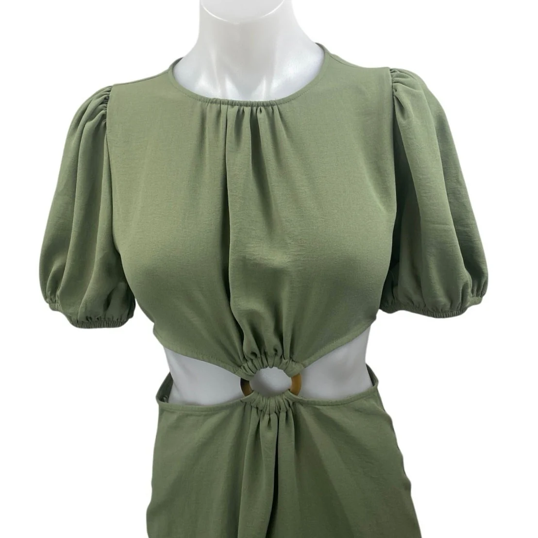 Zara Green Short Puff Sleeve Cutout Waist Crew Neck Maxi A Line Dress Size XS - Image 3