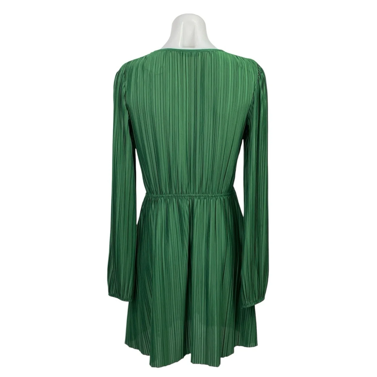 Zara Green Silk Satin Pleated Plisse Long Sleeve V Neck Fit & Flare Mini Dress M - Image 3