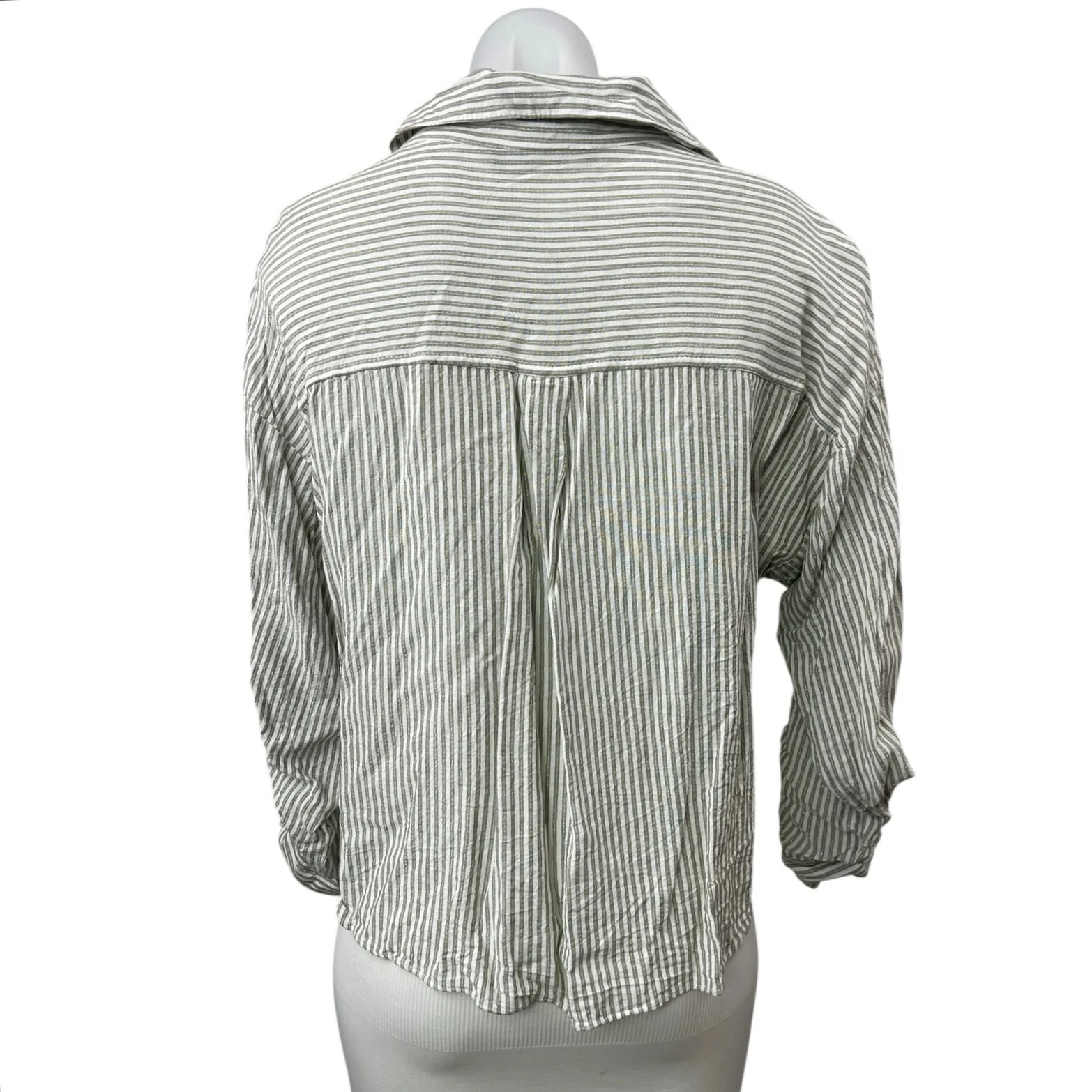 ZARA Green Striped Collared Long Sleeve Button Down Crop Shirt Blouse Top Size L - Image 2