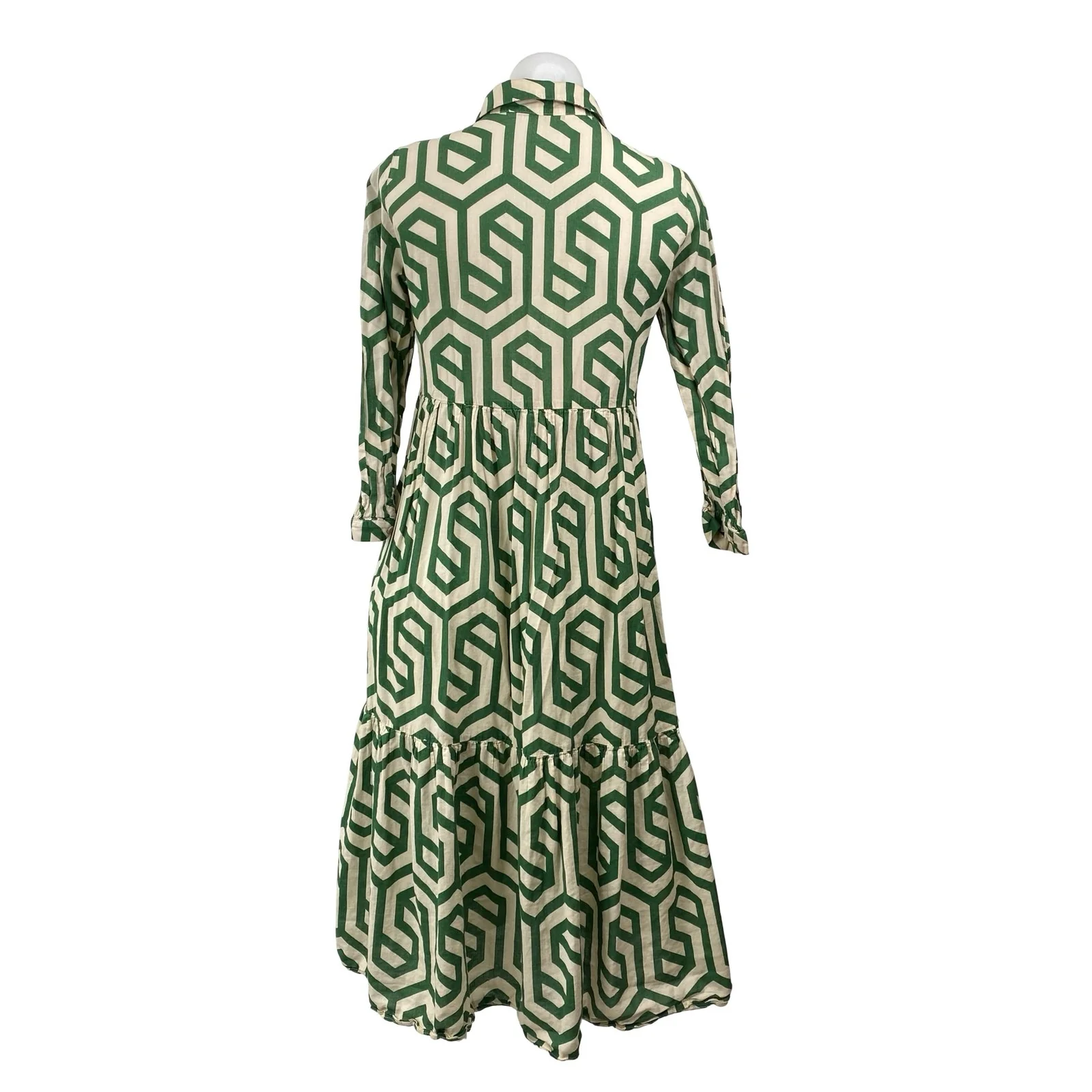 Zara Karen Green Geometric Long Sleeve Button Tiered A Line Midi Dress Size XS - Image 4