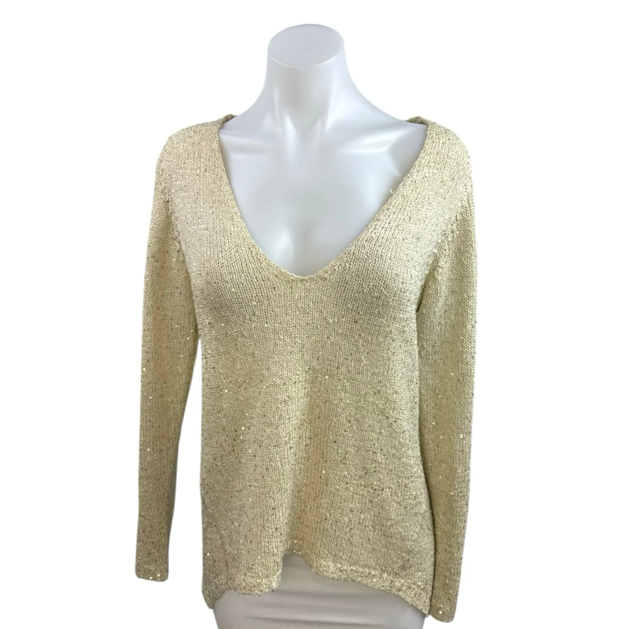 Zara Knit Women's Yellow Sequin Embellished Deep V Pullover Sweater Top Size L