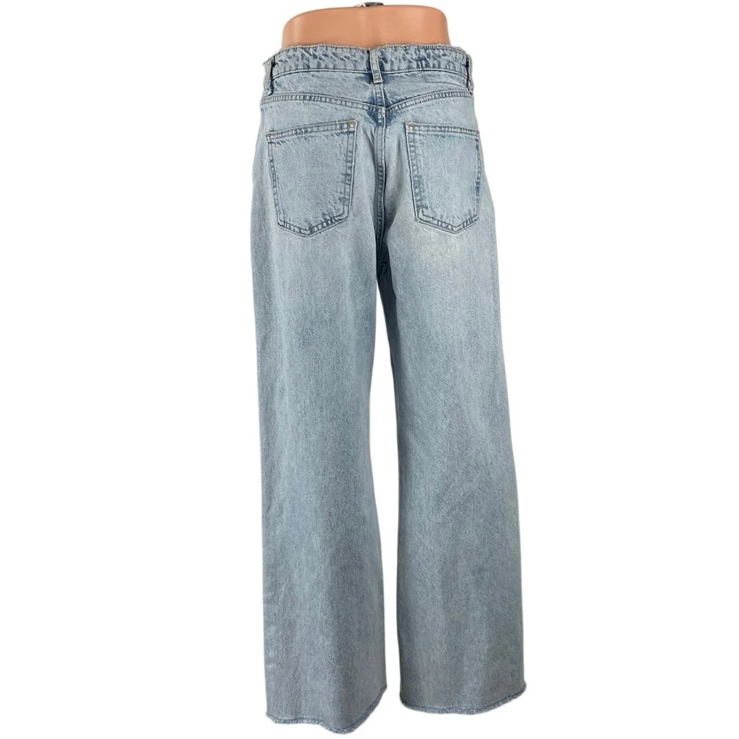 Zara Light Blue Frayed Hem High Rise Baggy Palazzo Wide Leg Denim Jeans Pants 6 - Image 4