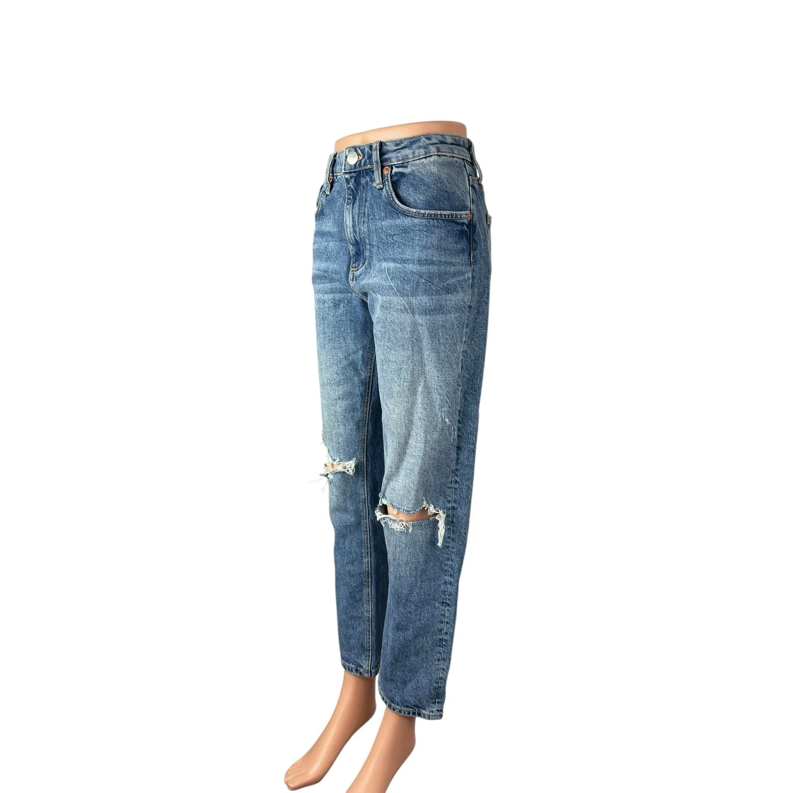 Zara Light Blue Wash Distressed Ripped High Rise Straight Denim Jeans Pants Sz 6 - Image 3