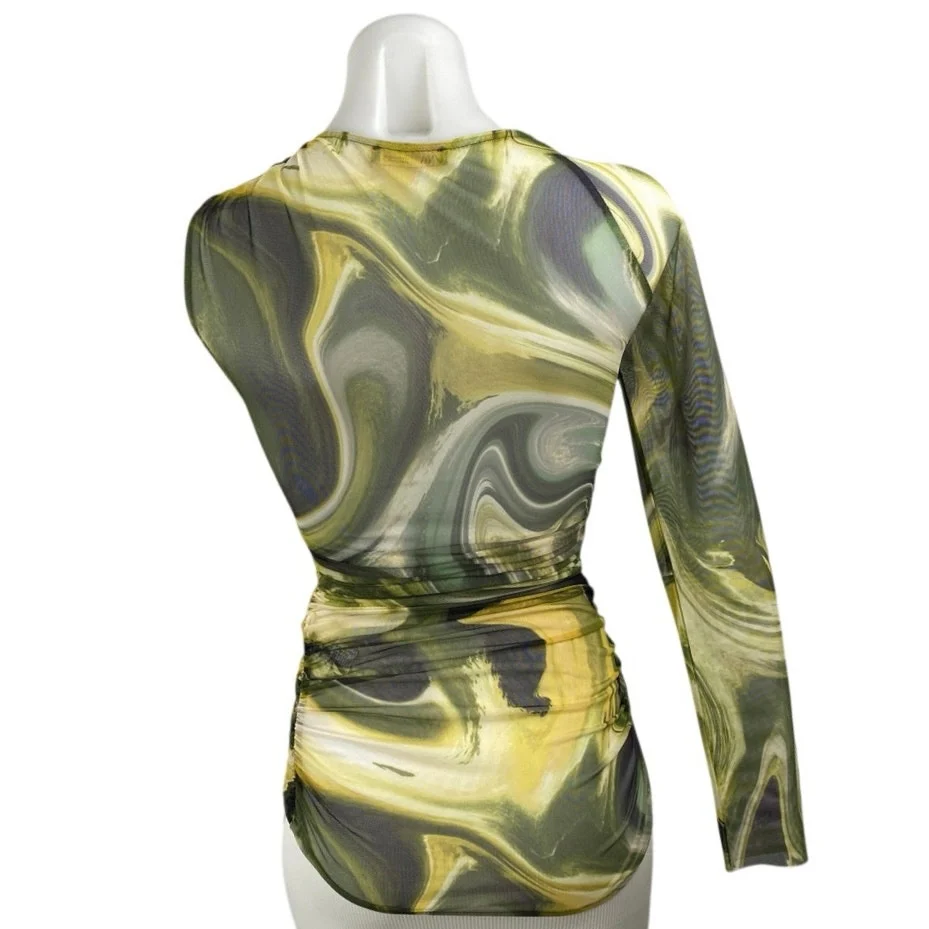 Zara Marble Mesh Tulle Ruched Asymmetric One Shoulder Long Sleeve Blouse Top S - Image 4