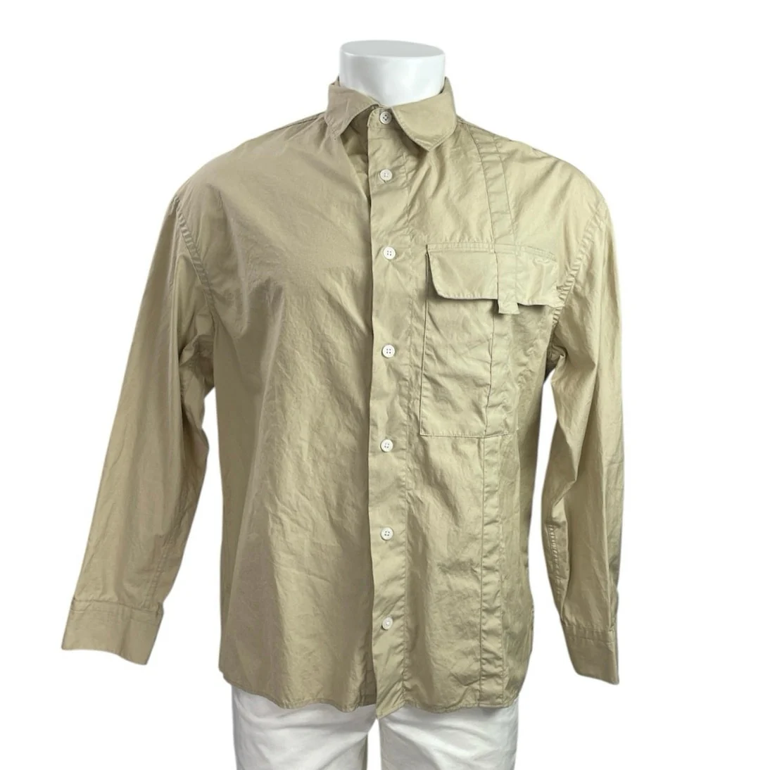 Zara Men's Beige Collared Long Sleeve Chest Pocket Casual Button Up Shirt Top M