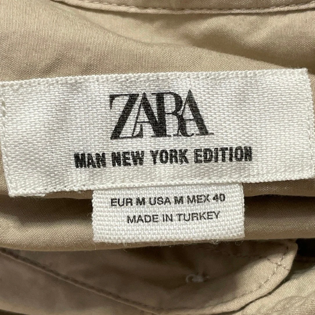Zara Men's Beige Collared Long Sleeve Chest Pocket Casual Button Up Shirt Top M - Image 4