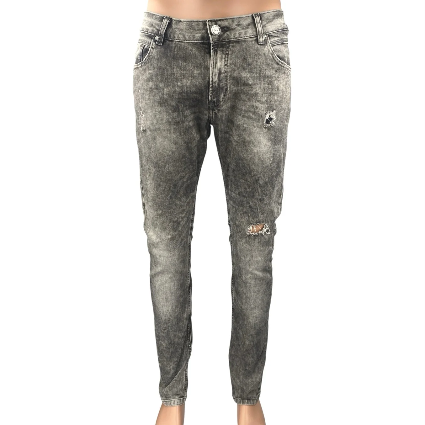 Zara Men's Gray Washed Distressed Mid Rise Casual Skinny Denim Jeans Size 34