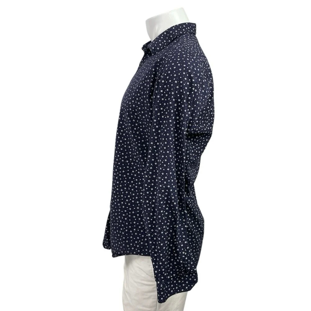 Zara Men's Navy Blue Long Sleeve Slim Fit Printed Button Down Shirt To Size L - Image 2