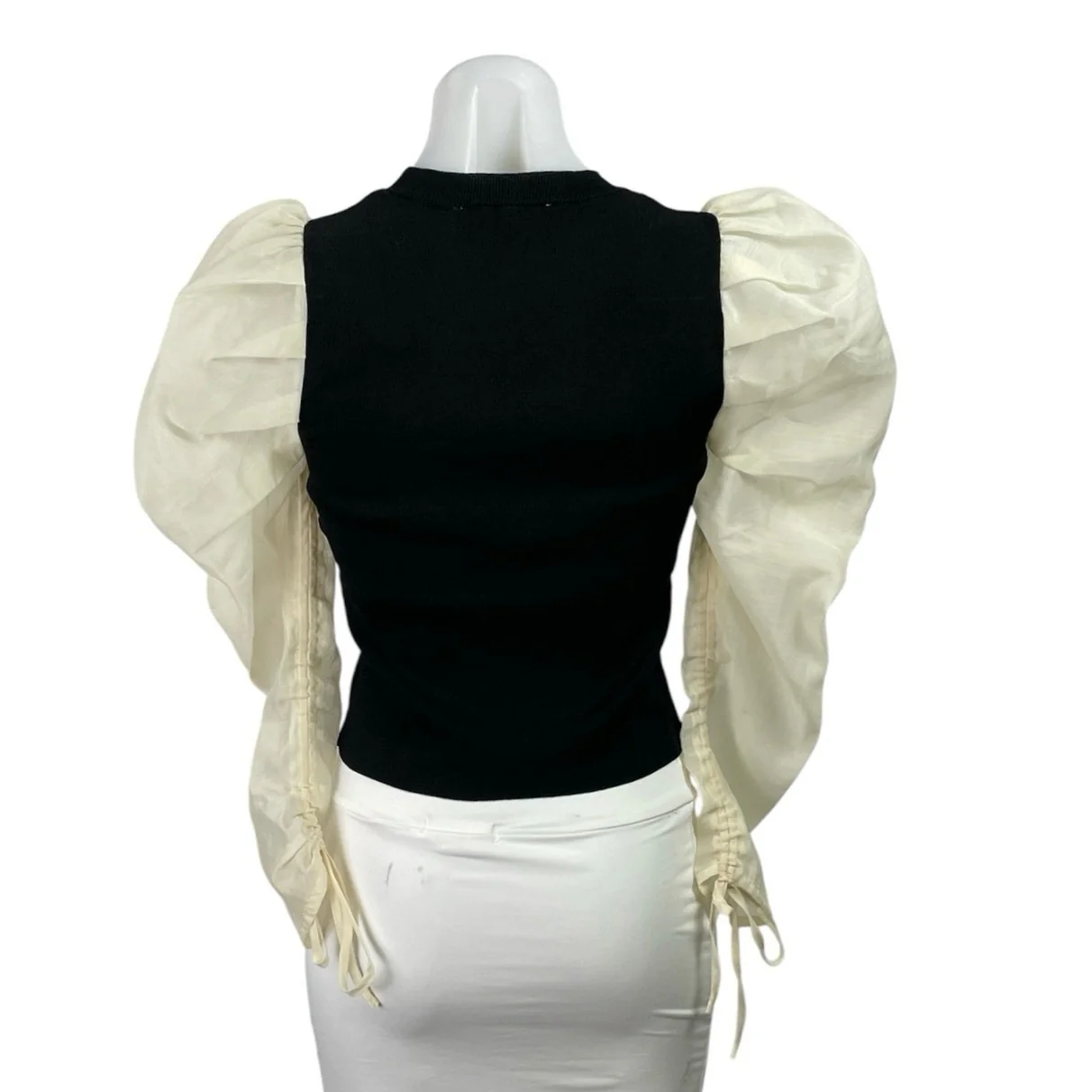 Zara Mixed Media Organza Long Puff Balloon Sleeve Crew Neck Sweater Blouse Top S - Image 3