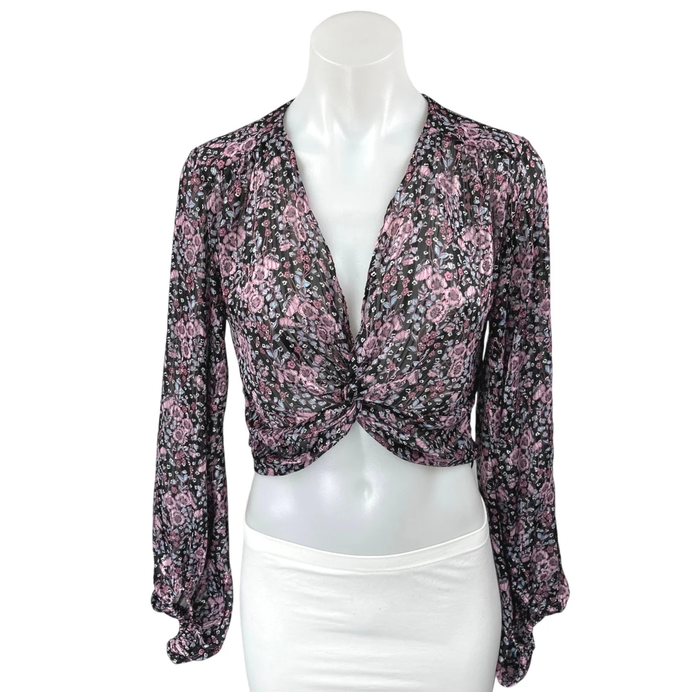 Zara Multicolor Floral Metallic V-neck Balloon Long Sleeve Crop Blouse Top Sz XS