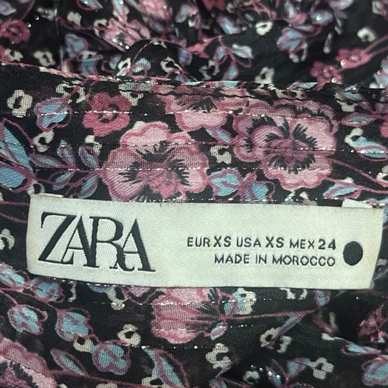 Zara Multicolor Floral Metallic V-neck Balloon Long Sleeve Crop Blouse Top Sz XS - Image 4