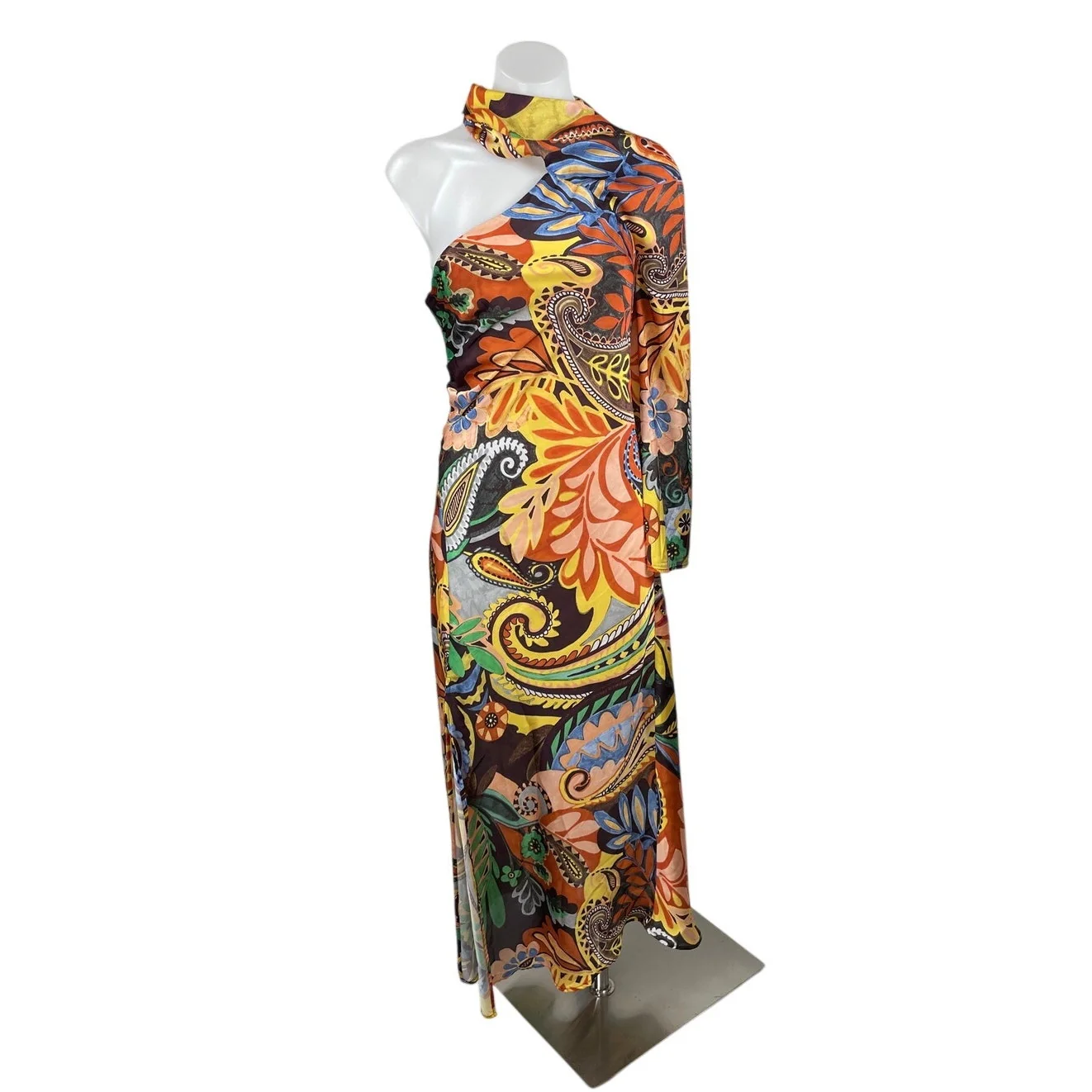 Zara Multicolor Floral Paisley One Shoulder Mock Neck Slit Sheath Maxi Dress S