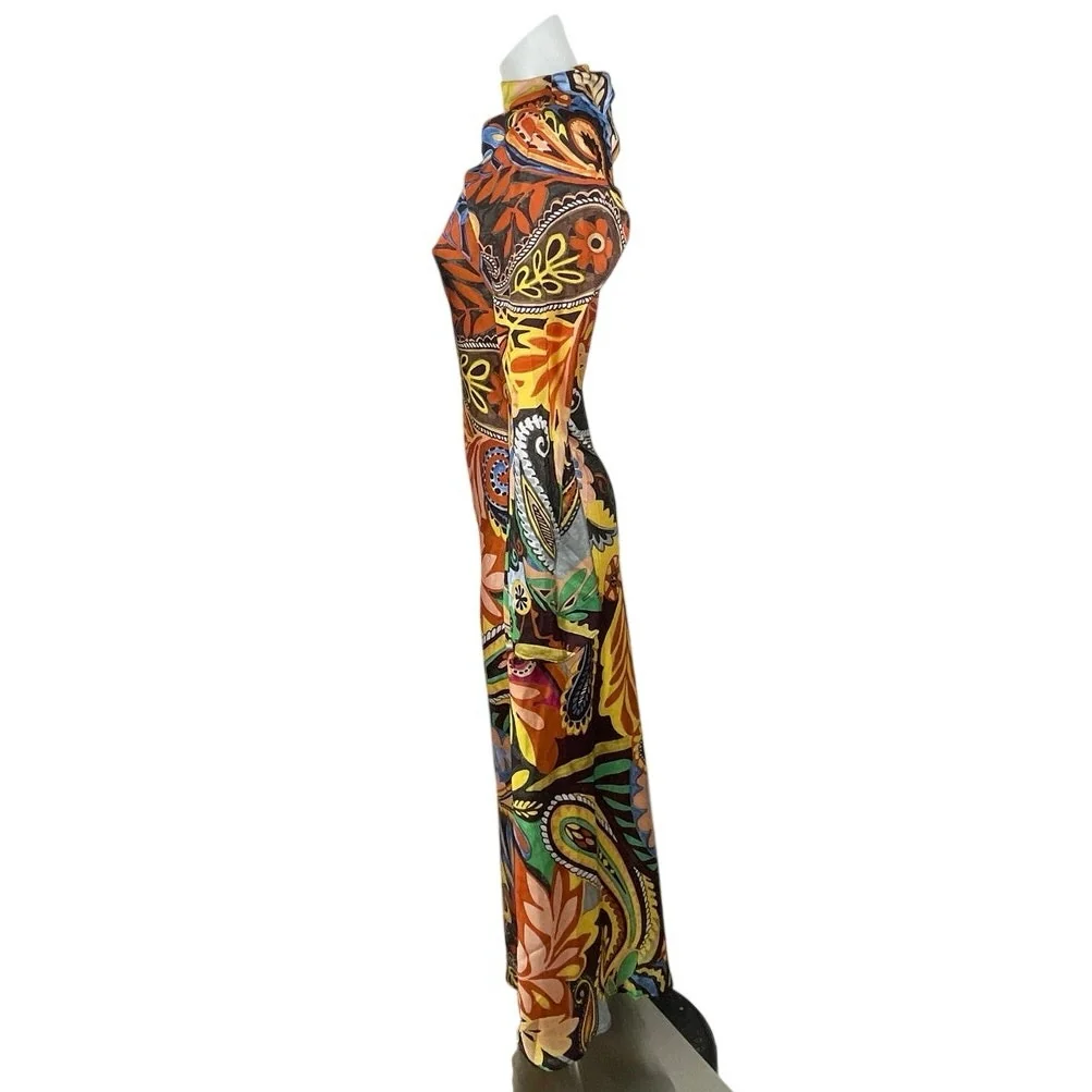 Zara Multicolor Floral Paisley One Shoulder Mock Neck Slit Sheath Maxi Dress S - Image 3