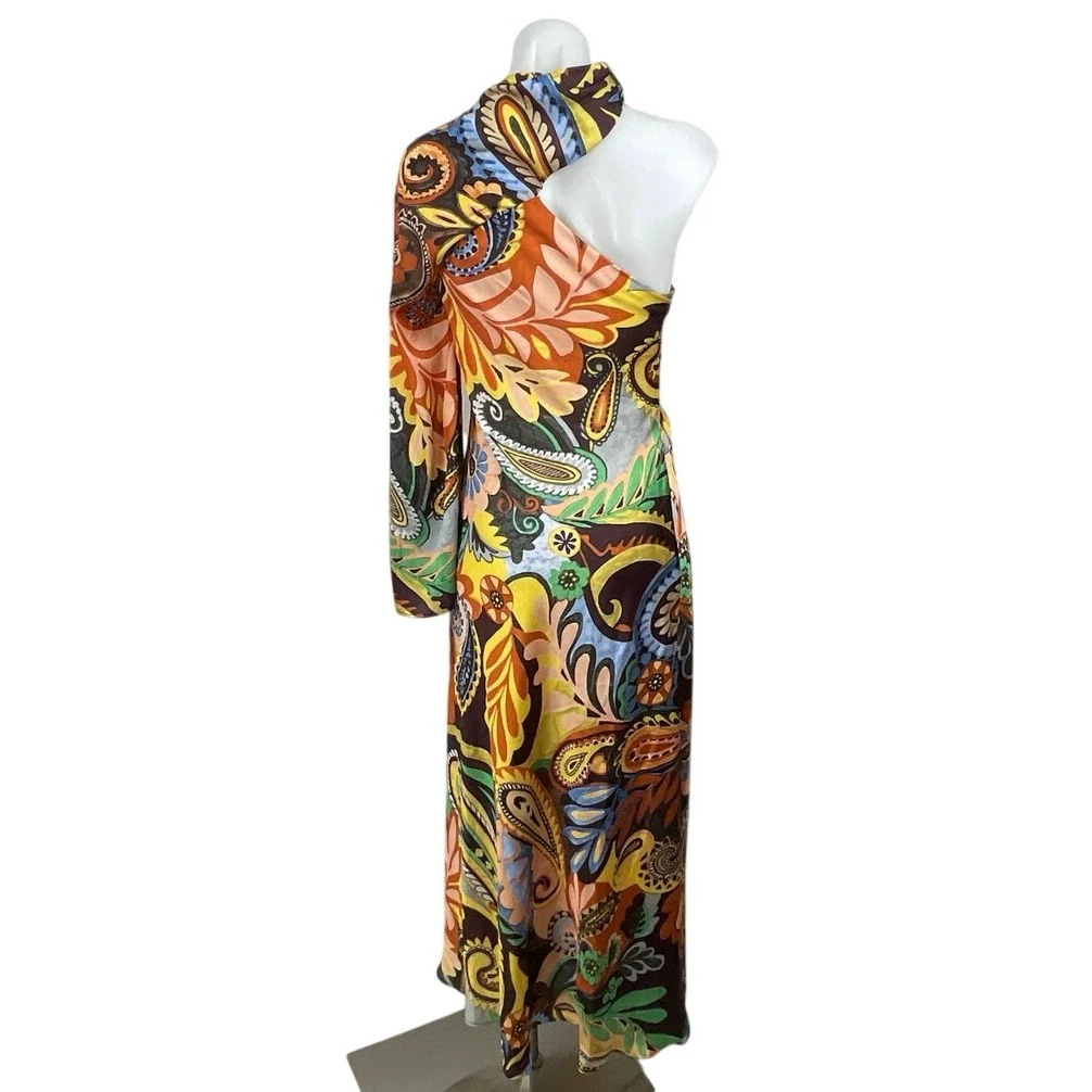 Zara Multicolor Floral Paisley One Shoulder Mock Neck Slit Sheath Maxi Dress S - Image 4
