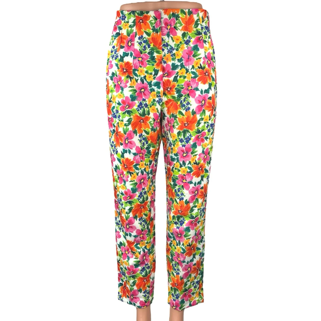 Zara Multicolor Floral Print High Waist Straight Tapered Ankle Trousers Pants M