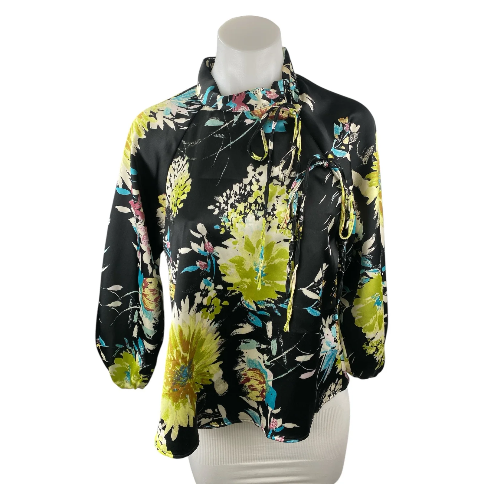 Zara Multicolor Floral Silk Mandarin Collar Tie Shoulder 3/4 Sleeve Blouse Top S