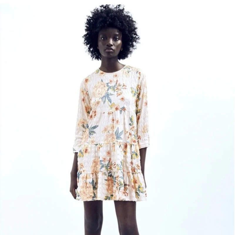 Zara Multicolor Floral Textured 3/4 Sleeve Tiered Flounce Hem Mini Shift Dress M - Image 2