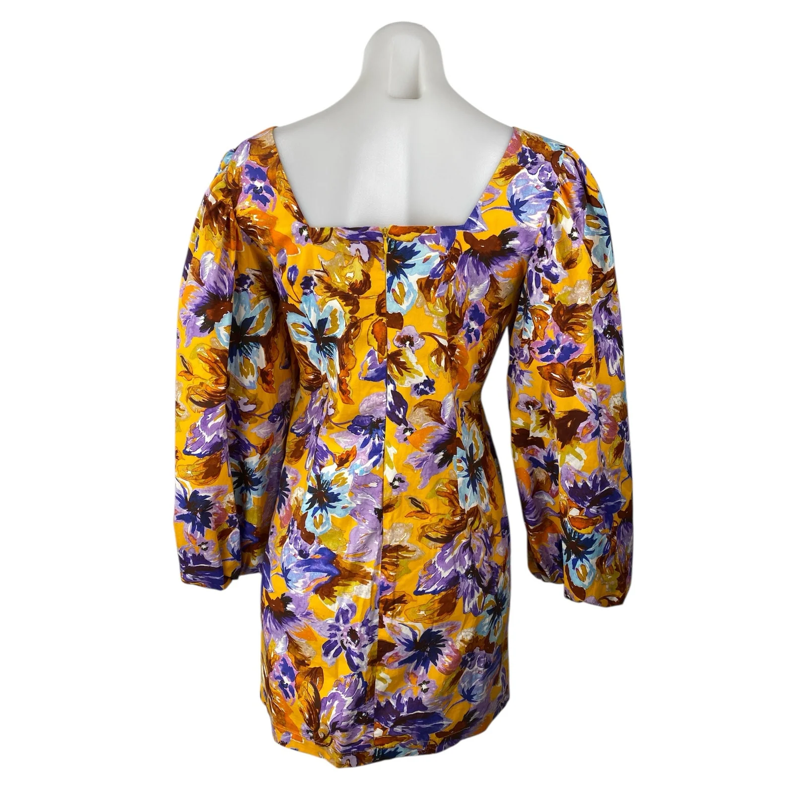 Zara Multicolor Long Balloon Sleeve Square Neck Floral Mini A Line Dress Size S - Image 2