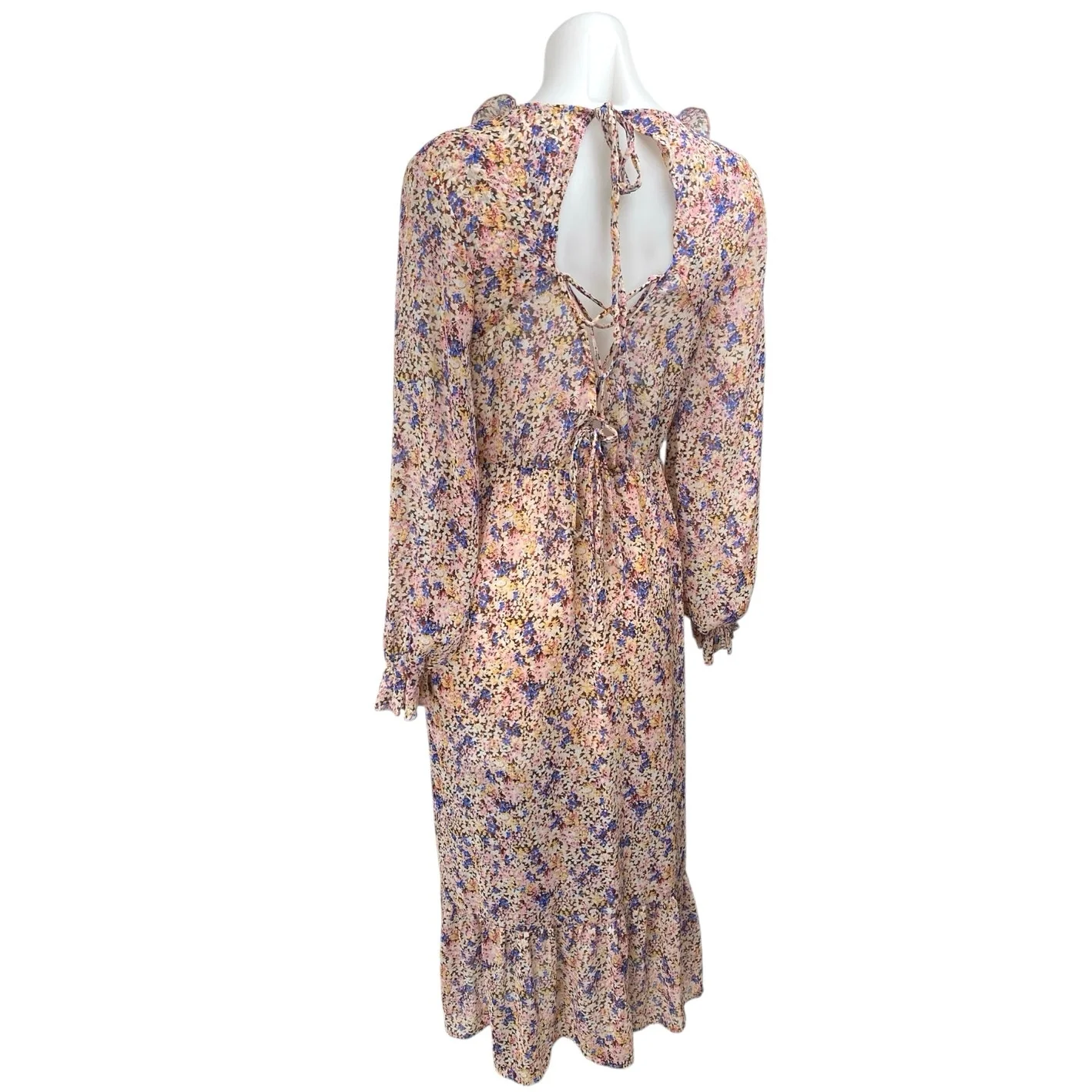 Zara Multicolor Long Puff Sleeve V-Neck Ruffle Cutout A Line Maxi Dress Size M - Image 2