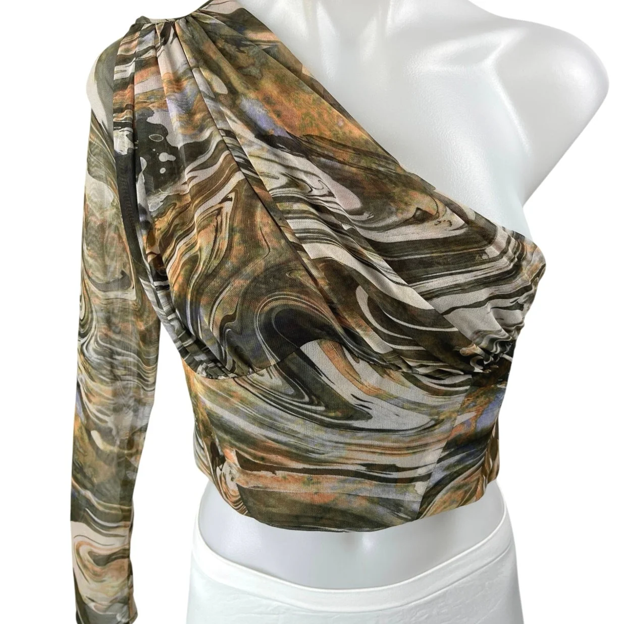 Zara Multicolor Marble Print Tulle One Shoulder Long Sleeve Crop Blouse Top Sz S - Image 3