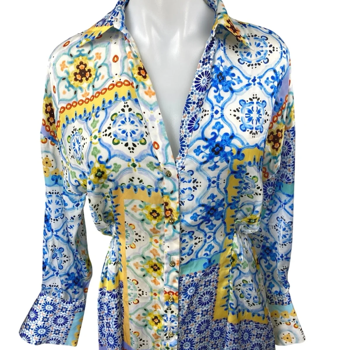 Zara Multicolor Patchwork Floral Long Sleeve Button Down Shirt Mini Dress Sz XS - Image 4