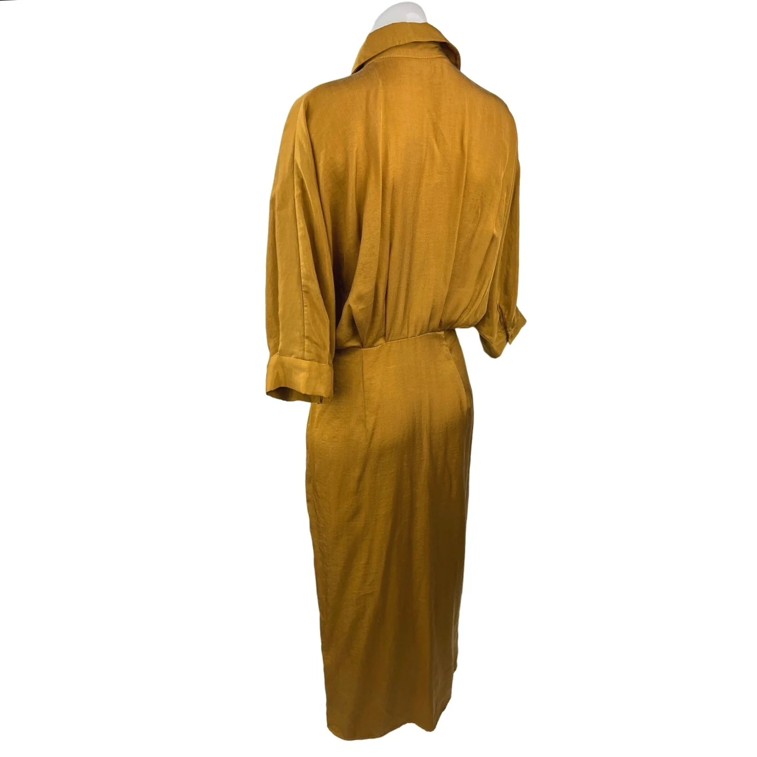 Zara Mustard Yellow Sateen Button Down Dolman Sleeve Midi Blouson Shirt Dress XS - Image 2