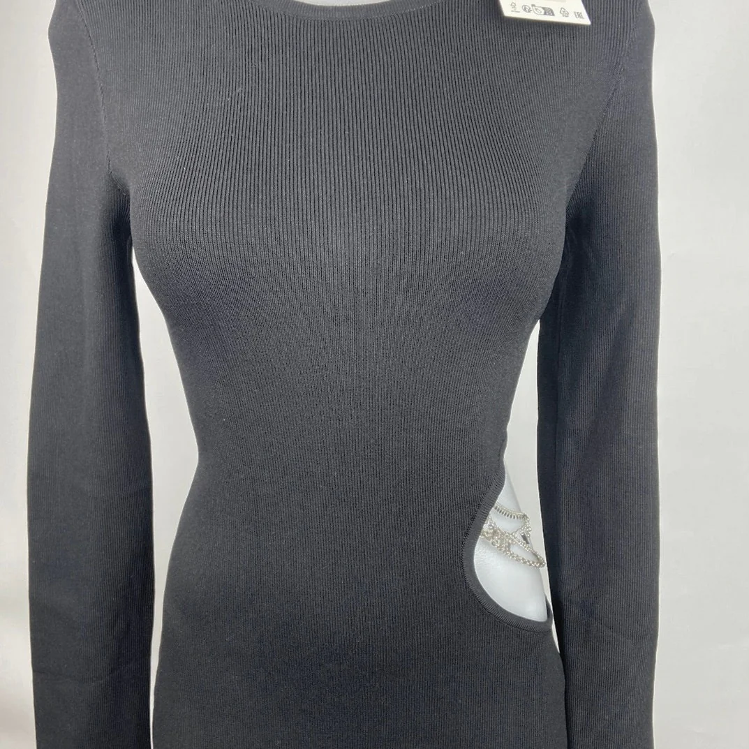 Zara NWT Black Cutout Waist Gold Chain Jewelry Long Sleeve Midi Sheath Dress L - Image 3
