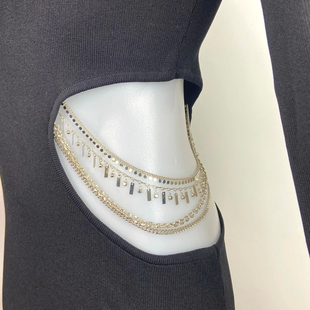 Zara NWT Black Cutout Waist Gold Chain Jewelry Long Sleeve Midi Sheath Dress L - Image 4