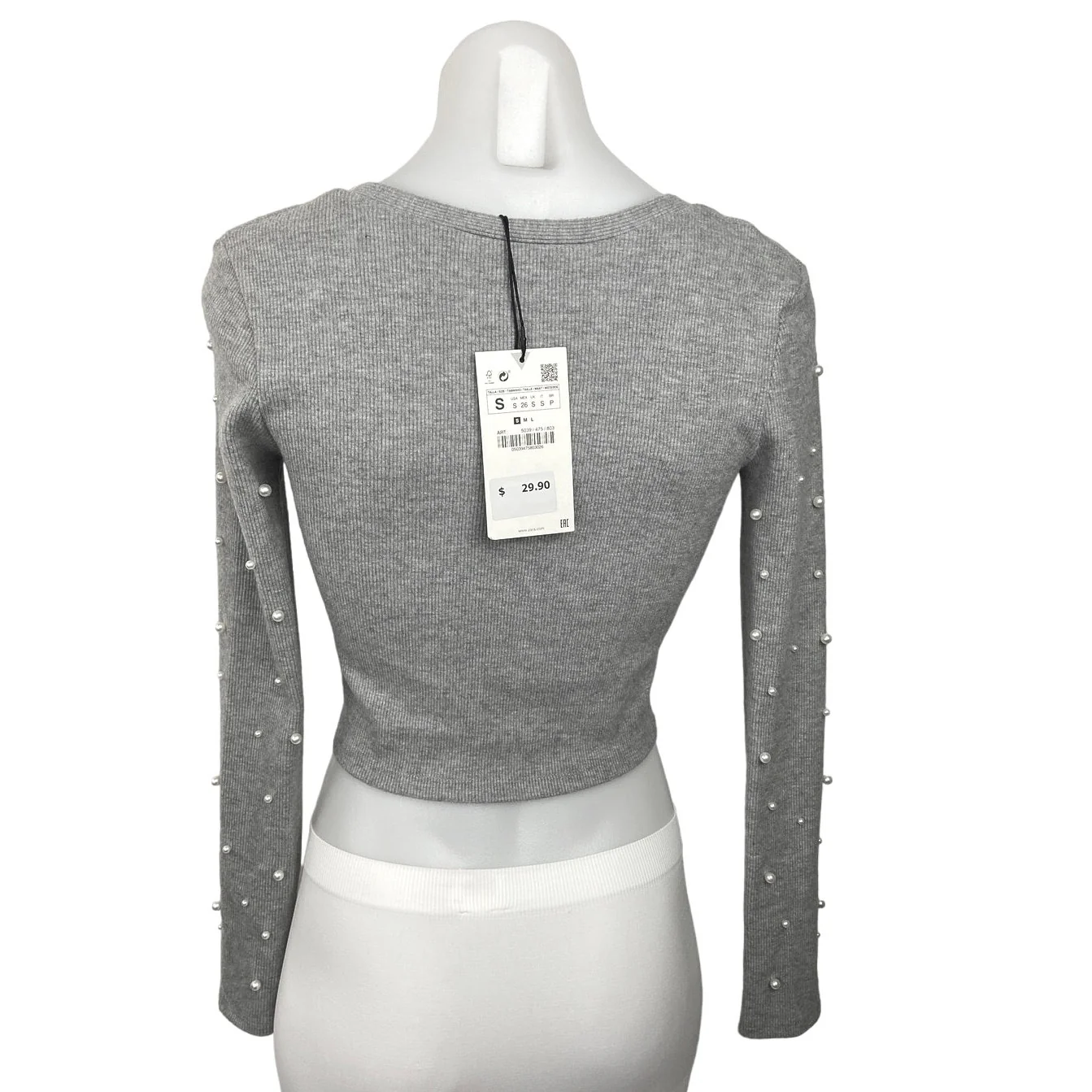 ZARA NWT Gray Rib Knit Pearl Embellished Long Sleeve Stretch Crop Cardigan Sz S - Image 2