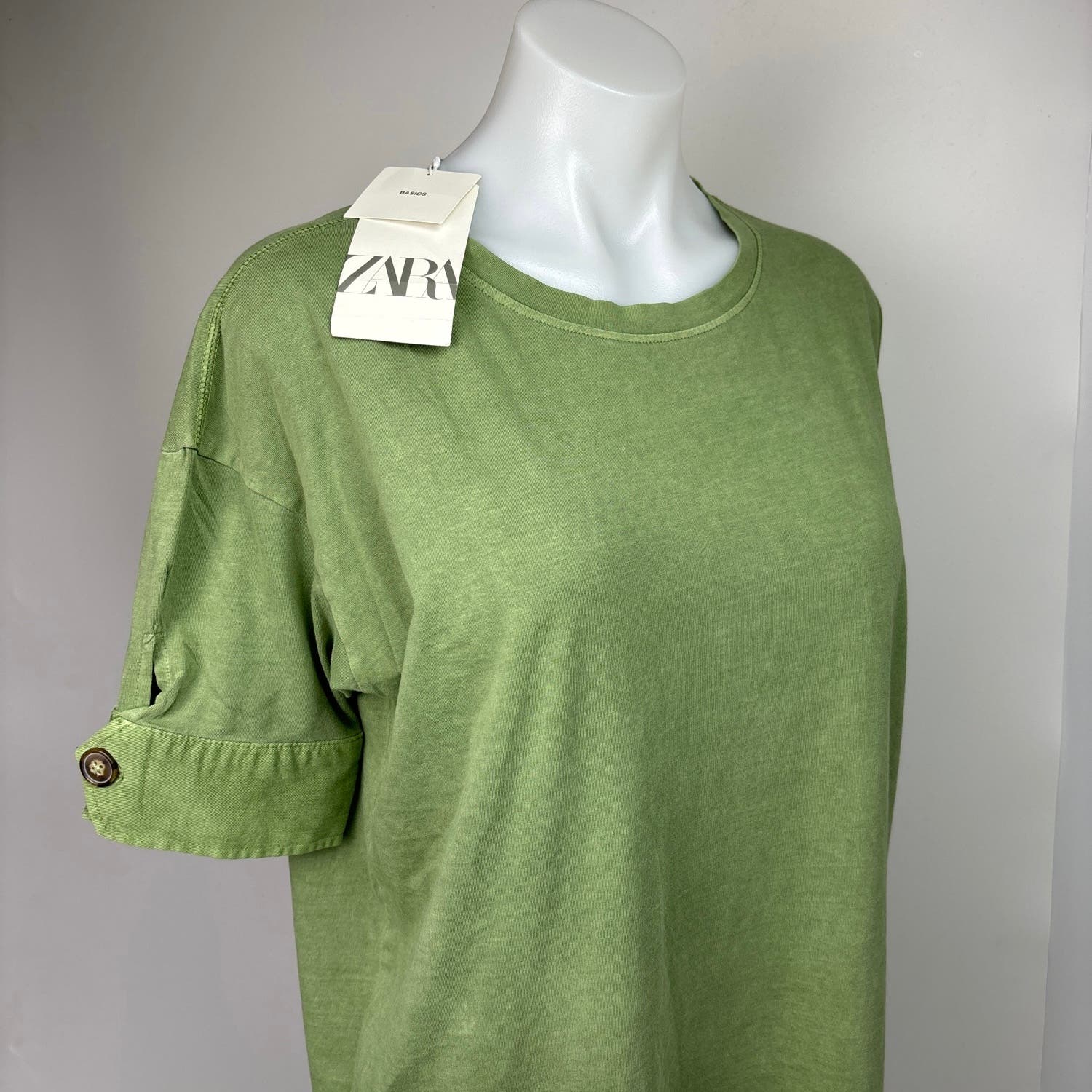 Zara NWT Green Cotton Cuffed Short Sleeve Crew Oversized T-Shirt Midi Dress Sz S - Image 4